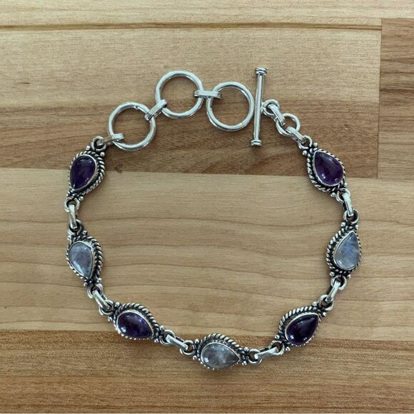 Making Waves Jewelry and Accessories Jewelry - Rainbow Moonstone & Amethyst Solid 925 Sterling Silver Bracelet